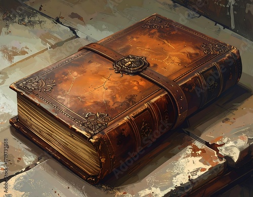 Aged leather-bound book on a weathered surface