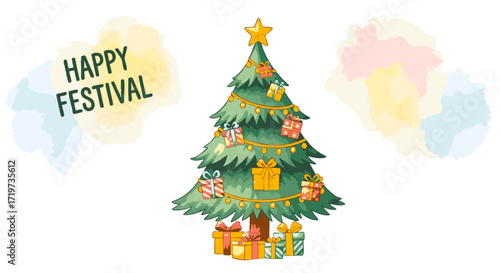 An illustrated Christmas tree decorated with festive ornaments, garlands, and a bright star, surrounded by presents and watercolor splotches