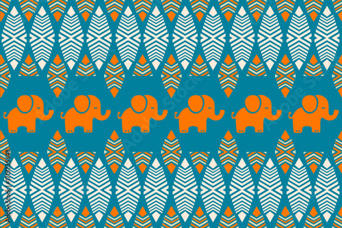 Seamless ethnic pattern with cute cartoon elephants and colorful tribal geometric ornaments in orange, teal, and white. Perfect for textile design, fabric prints, wallpapers, children’s decor, and dec