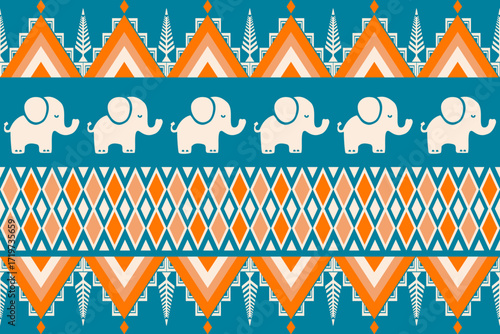 Seamless ethnic pattern with cute cartoon elephants and colorful tribal geometric ornaments in orange, teal, and white. Perfect for textile design, fabric prints, wallpapers, children’s decor, and dec