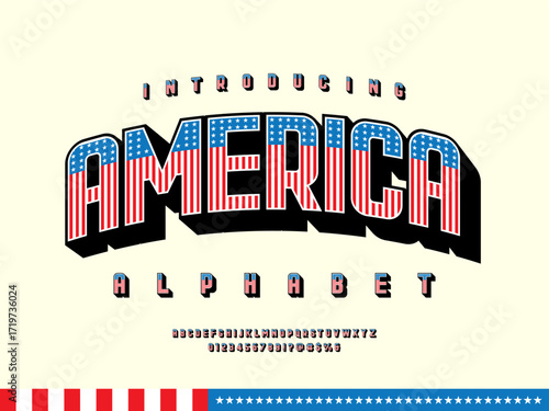 America flag style alphabet design with uppercase, numbers and symbols