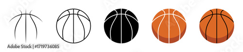 Set of basketball icons in outline, fill and color. Basketball icons set in different styles- stroke, outline, black, fill and orange color isolated on white background