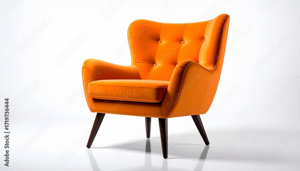 Fototapeta premium Orange Velvet Chair: A luxurious, stylish armchair, upholstered in vibrant orange velvet, stands as a statement piece, epitomizing comfort and modern design in a bright studio setting.