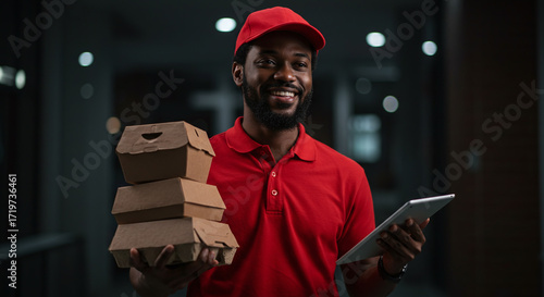 Smiling delivery man holding takeout containers and digital tablet for accepting online orders with fast and efficient professional food service