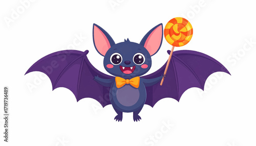 Cute cartoon bat character holding a colorful swirl lollipop. Adorable flying animal illustration for Halloween party or children's design