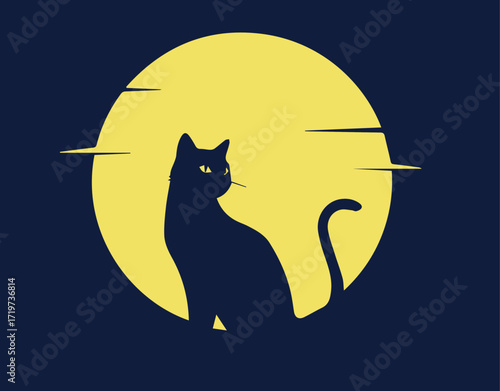 Elegant black cat silhouette against a full moon backdrop, perfect for Halloween promotions or mystical designs with a modern, minimalist feel