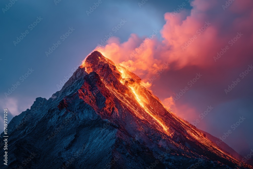 Fototapeta premium Dramatic volcanic eruption with flowing lava