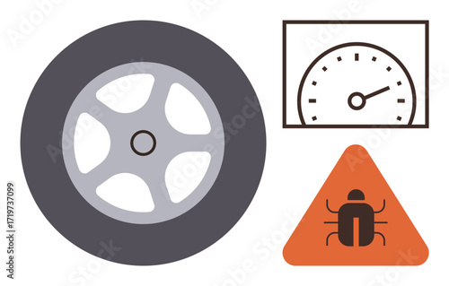 Wheel and speedometer reflect motion and performance, paired with a warning triangle featuring a bug. Ideal for automotive safety, diagnostics, efficiency, troubleshooting, warnings, repair