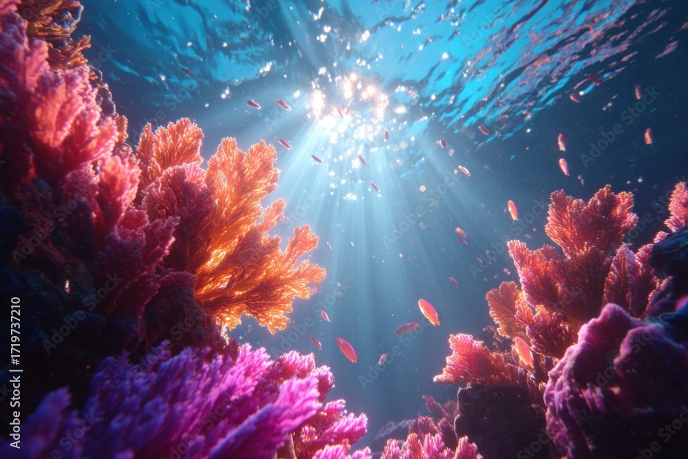 Fototapeta premium Vibrant underwater coral reef with sunlight