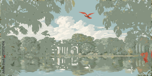 Serene landscape with a tranquil lake reflecting lush trees and a classical building a red bird flies overhead