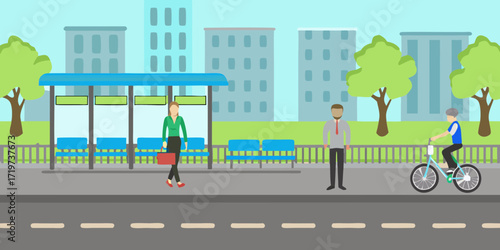 Diverse people waiting at a bus stop with city buildings and trees in the background