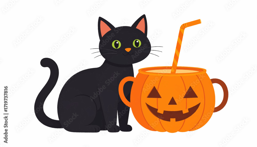 Fototapeta premium Spooky Cute Black Cat with Halloween Pumpkin Drink