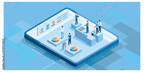 Isometric business team analyzing data and charts on a digital tablet screen with a blue geometric background