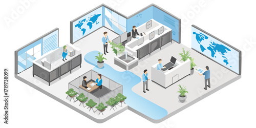 Isometric view of a modern office space with employees working and world maps displayed on walls