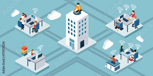Isometric illustration of a distributed workforce collaborating remotely with a central office building and wi fi signals