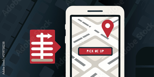 Mobile app interface showing a map with a pin and a pick me up button next to a navigation icon