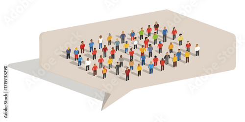 Diverse group of people gathered inside a large speech bubble representing communication and ideas