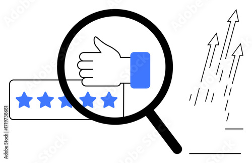 Thumbs-up, five-star rating under magnifying glass, and rising arrows highlight satisfaction, quality, progress. Ideal for feedback, reviews, ratings, customer experience performance success