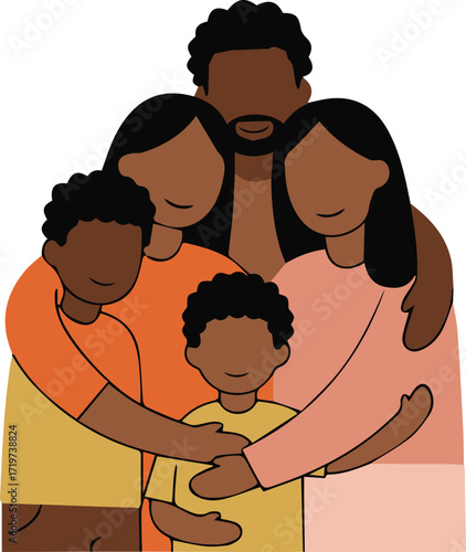 Happy African American family hugging tightly, radiating warmth and love in a colorful illustration showcasing togetherness and unity for heartwarming projects