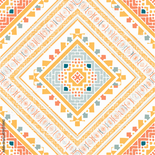 Seamless ethnic pattern with hand-drawn tribal and bohemian (boho) geometric motifs.