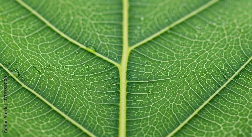 Fototapeta premium Closeup of a vibrant green leaf showcasing intricate vein patterns and scattered water droplets