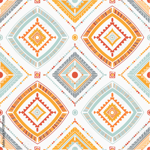 Seamless ethnic pattern with hand-drawn tribal geometric diamonds in a bohemian (boho) style.