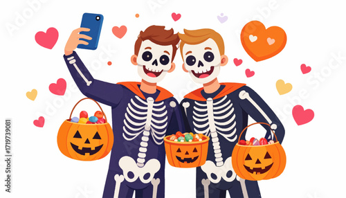 Two men dressed as skeletons taking a selfie with candy buckets on Halloween
