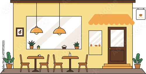 Charming cafe exterior with inviting tables, plants, and warm lighting creates a cozy, modern atmosphere for relaxing and enjoying delicious treats