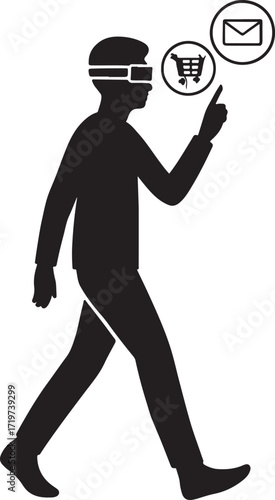 Silhouette of a person wearing virtual reality goggles interacting with digital icons for shopping and email