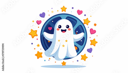 Playful cartoon ghost floats with a film reel, surrounded by hearts and stars, symbolizing fun, movie magic, and lighthearted entertainment designs