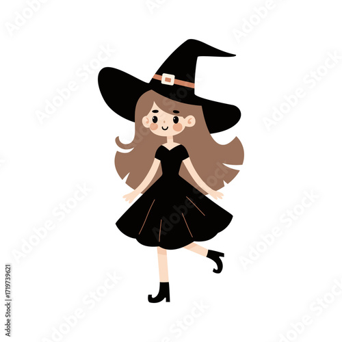 Młoda czarownica w spiczastym kapeluszu i czarnej sukience. Przebranie na Halloween, tańcząca dziewczynka.