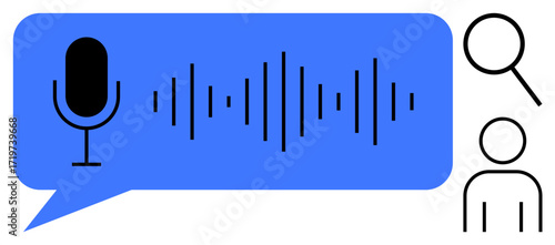 Microphone beside blue speech bubble containing audio waveform, paired with magnifying glass and user icon. Ideal for speech recognition, digital assistant, voice command, recording, AI, search