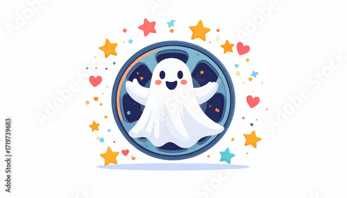 A cute and friendly ghost illustration in a cartoon style, surrounded by stars and hearts, perfect for Halloween or spooky themes