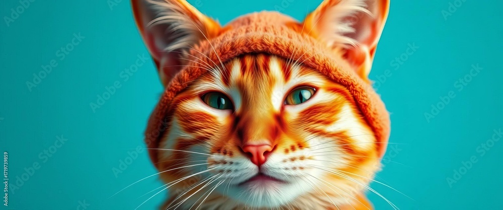 Fototapeta premium A whimsical orange tabby cat hat with wide grin, cat hat, summer hat