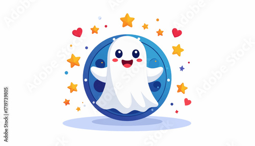 A cute and friendly ghost character concept floating with stars and hearts, this adorable cartoon illustration is perfect for Halloween