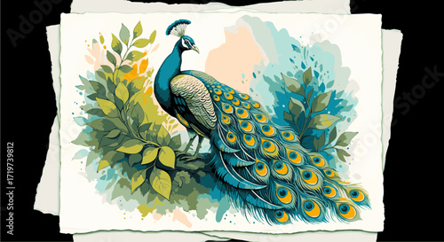 Vibrant Peacock Illustration with Lush Foliage in Watercolor Style