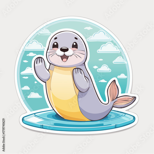 Cute cartoon seal waving hello from an ice floe