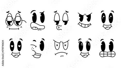 Retro cartoon face expressions set in vintage animation style. Collection of funny and emotional faces with exaggerated eyes and mouths — showing love, anger, surprise, joy, and confusion. 