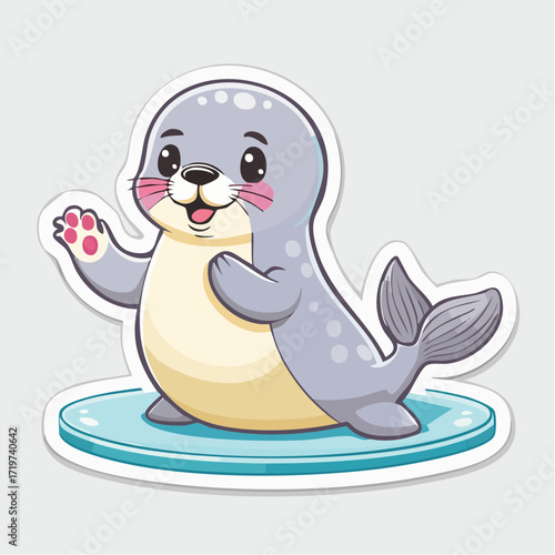 Cute cartoon seal pup waving from an ice floe