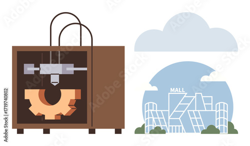 3D printer crafting industrial gear with modern mall architecture in backdrop, reflecting innovation, technology, industry, production, modern infrastructure, design, creativity. Ideal