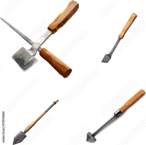 set of chisel in color style, carpentry tools set isolated on white and no background