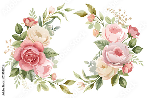A set of elegant watercolor floral monogram logo designs featuring hand-painted botanical wreaths, pastel roses, peonies, and delicate greenery. Perfect for wedding invitations, luxury branding, femin