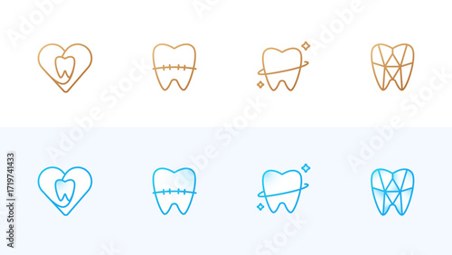 Dental logo set featuring modern minimalist tooth icons. The collection includes a tooth inside a heart, a tooth with braces, a shining tooth with sparkles, and a geometric diamond-style tooth. 