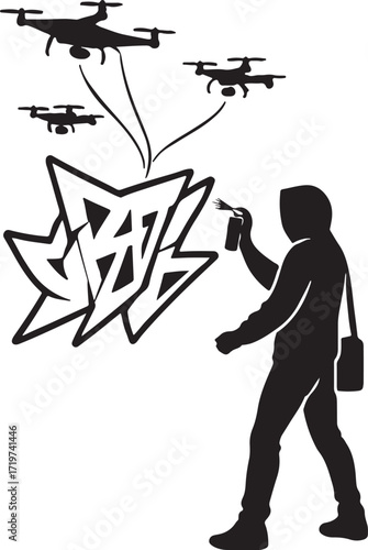 Silhouette of a person spray painting graffiti art assisted by multiple drones in a modern urban concept