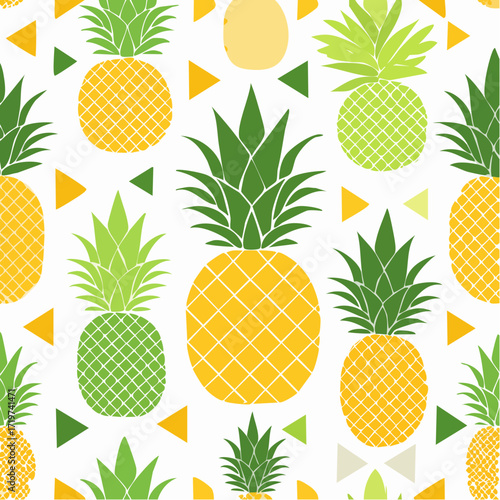 Seamless pattern with yellow and green pineapples. Vector tropical fruit background with geometric shapes.