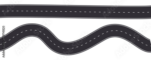 Set Winding road top view, highway curve path. Empty horizontal way, map. Asphalt wavy road template, game, design element.