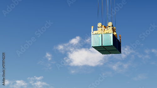 Two shipping containers are being lifted by crane against clear blue sky, symbolizing global trade and logistics. scene conveys sense of industrial strength and efficiency