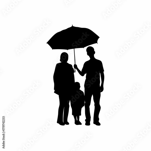 Silhouette of a boy holding an umbrella over parents outside a hospital isolated on white background