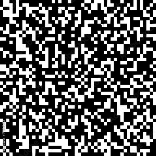 Black and white pixelated pattern with random distribution of squares creating an abstract design look