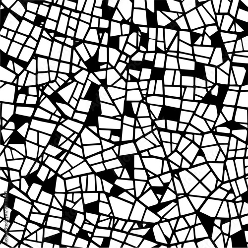 Monochrome abstract pattern with irregular white shapes and black background creating a mosaic design look